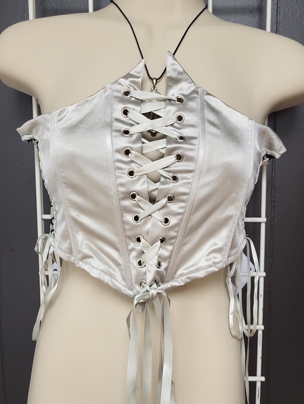 Satin Lace-Up Halter Crop Top - Silver, Size Small, Adjustable